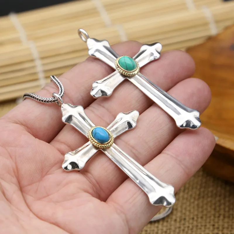 925 Sterling Silver Cross Pendant Necklaces Two-Tone Turquoise Stones Antique Vintage Gothic Punk Hip-hop Handmade Designer Luxury Jewelry Accessories Gifts
