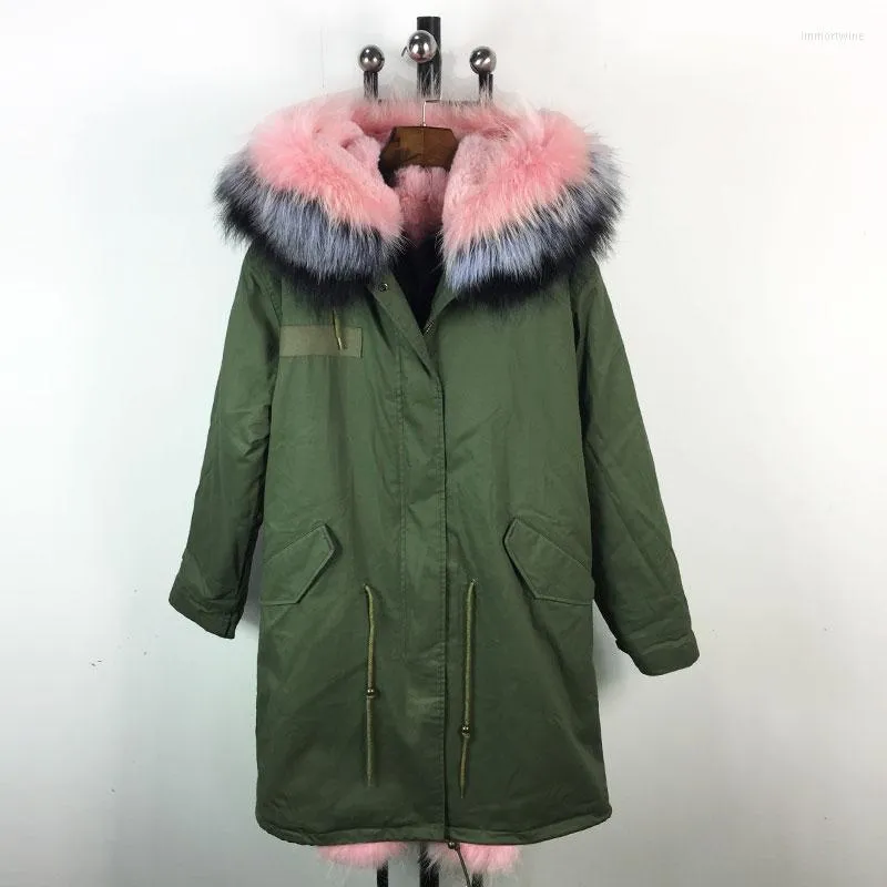 ピンク色のカラフルなカフフード付きパーカーレディースロングウィンドコート付き女性毛皮冬冬の緑のジャケット
