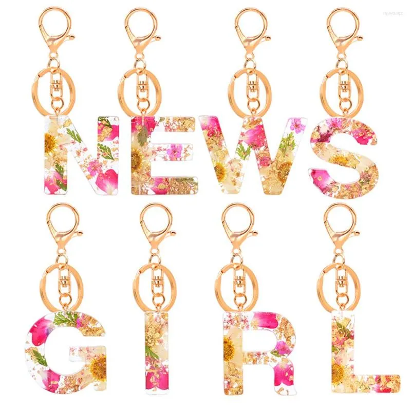 Keychains Fashion Dried Flower Embossed English Letter Resin Keychain Female Bag Pendant Ornament Women Daisy Petal Keyring Jewelry Gifts