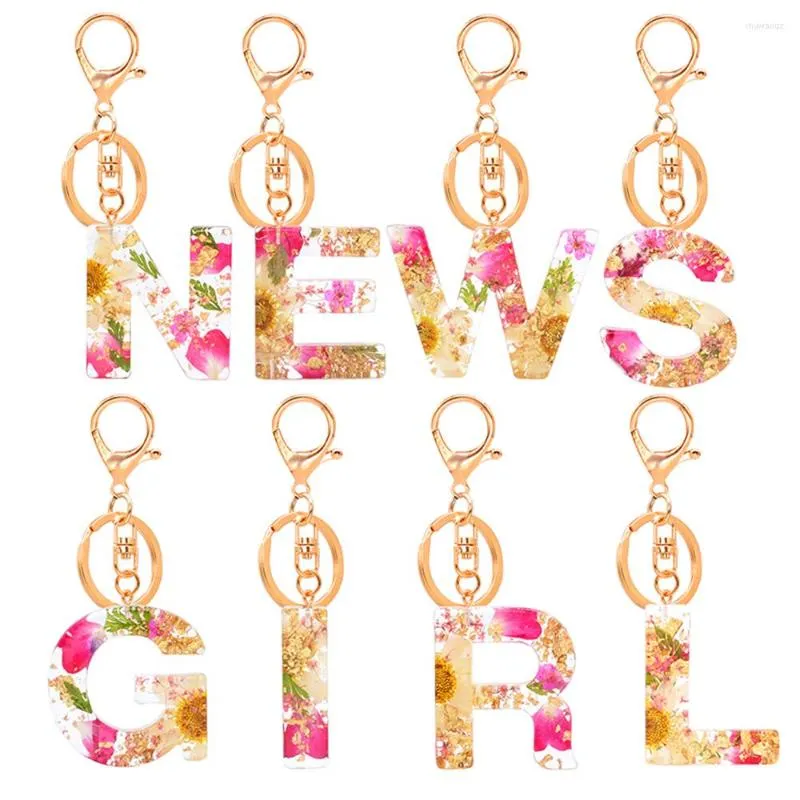 Porte-clés Mode Fleur séchée en relief Lettre anglaise Résine Porte-clés Femme Sac Pendentif Ornement Femmes Daisy Pétale Porte-clés Bijoux Cadeaux