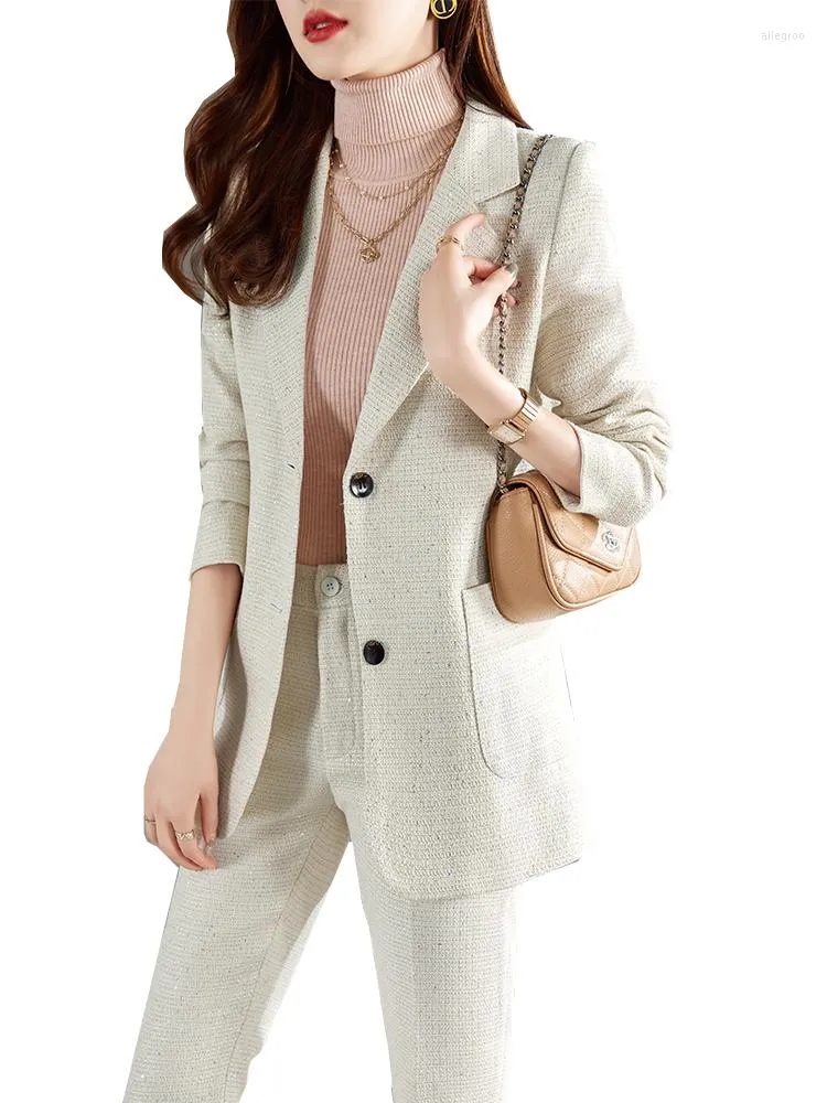 Women's Two Piece Pants Office Ladies Autumn Winter Work Wear Pant Suit Black White Women Formal 2 Set Female Long Sleeve Blazer And Trouser