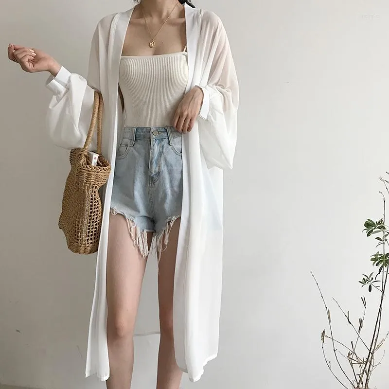 Женские блузки шифоновый кардиган Kimono Beach Summer Women White Rirte Plus Plus размер винтажной одежды Blusas Mujer de Moda 2022