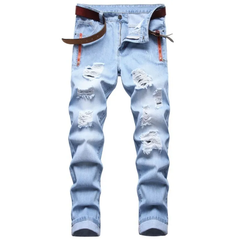 Jeans da uomo Moda Streetwear Jeans da uomo Azzurro Slim Fit Jeans strappati distrutti Tasca con cerniera Decorazione Designer Hip Hop Pantaloni in denim 221008