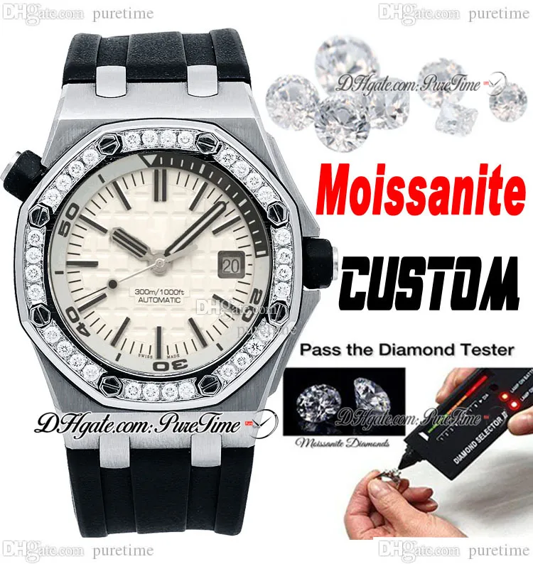 Kundenspezifische Moissanit-Diamantlünette A3120 Automatik-Herrenuhr 42 mm 1571 Weißes strukturiertes Zifferblatt Kautschukarmband Super Edition-Uhren Puretime B2