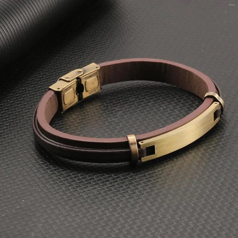 Charm Bracelets Retro Brushed Stainless Steel Bracelet Men And Women Brown Leather Wristband Vintage Gold Fashion Jewelry Accessories