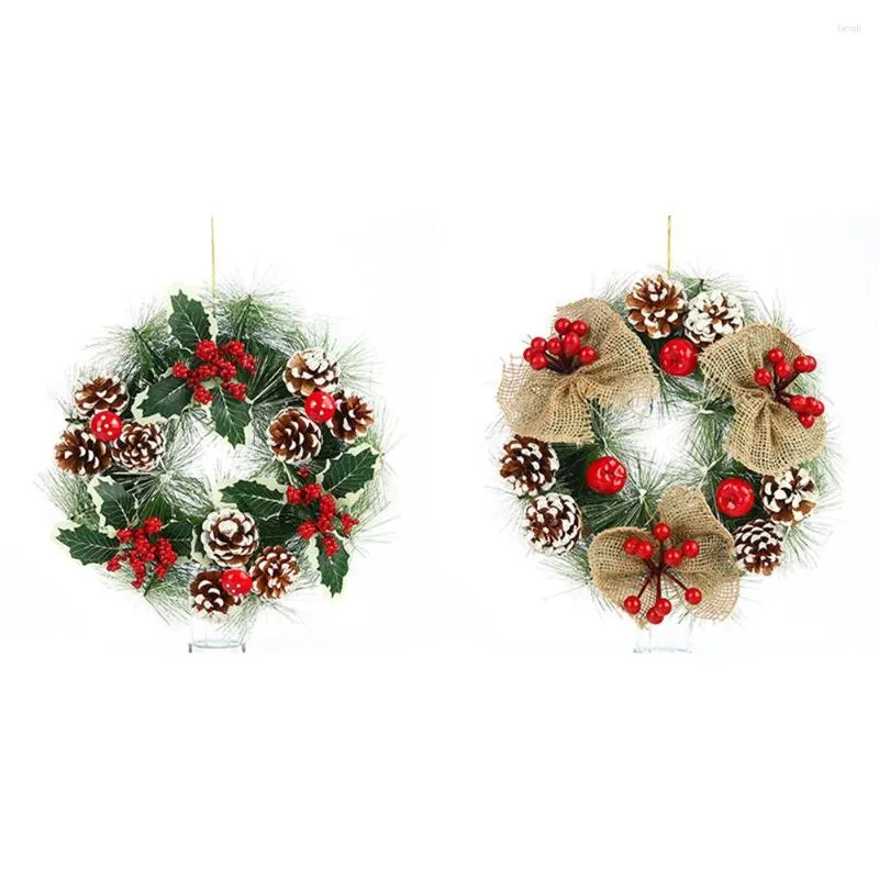 装飾的な花38cmクリスマスリース人工松ぼっくりレッドベリーガーランドフロントドアハンギング装飾