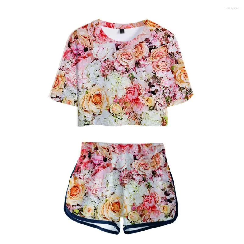 Damen T-Shirts Nes Bunte Blumen Rose Zweiteiliges Set Chrysantheme Sonnenblume Frauen Sexy Shorts Schönes T-Shirt Schöne Mädchen Sport