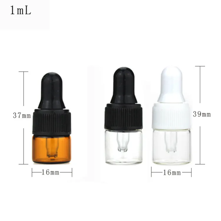 1ml 2ml 3ml Mini frasco cuentagotas de vidrio ámbar transparente pequeñas botellas de muestra de vidrio con tapa blanca negra para Perfume cosmético E líquido