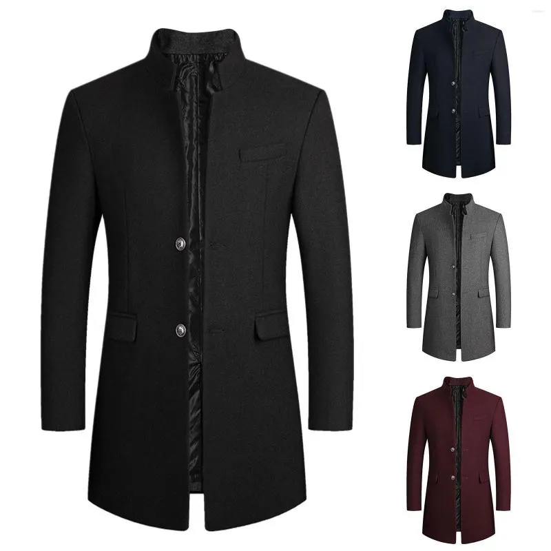 Trench-coats pour hommes Automne et hiver Mode décontractée Manteau en laine avec poche à boutonnage mi-long Coupe-vent zippé Veste à l'avant