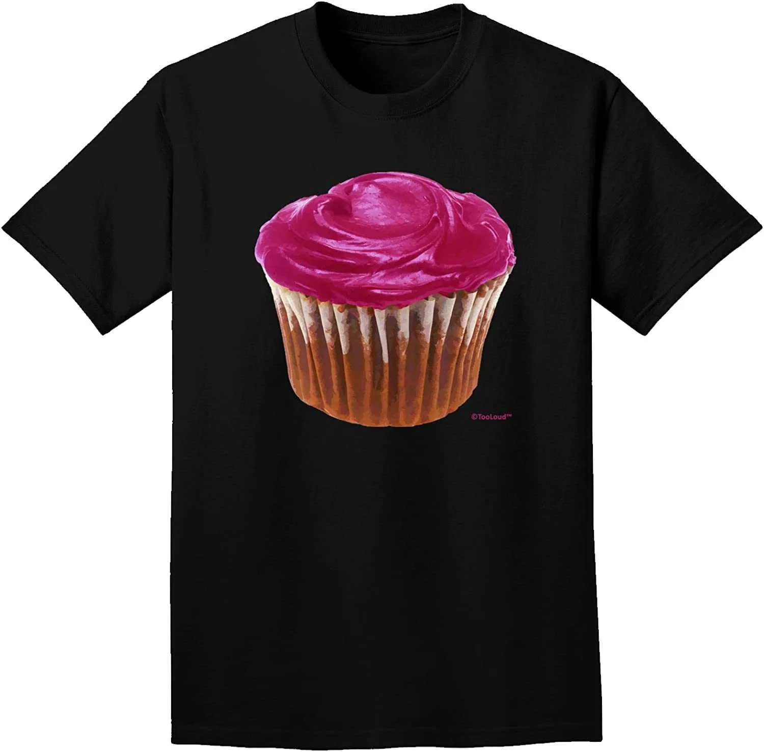 Gran cupcake de color rosa caliente camiseta de moda negra para adultos manga corta