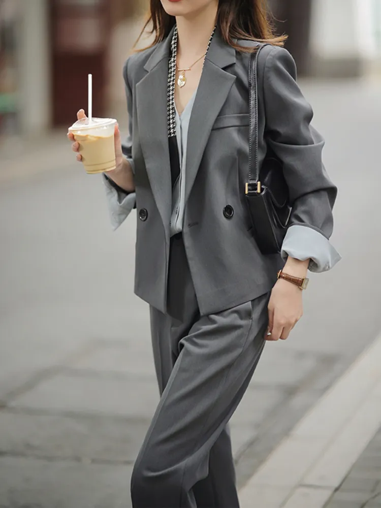 Women's Suits Blazers Autumn Workwear 2 Pieces Blazer Set Women Business Suit Jacket High Waist Pencil Pants Female Fashion Grey Pantsuits Outfits 221008