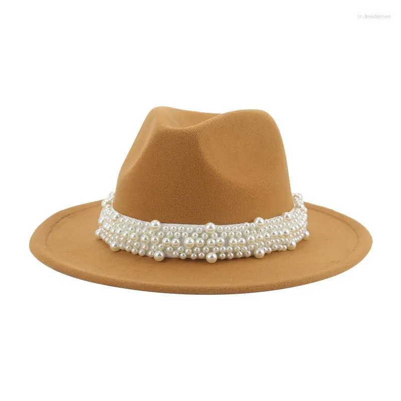 Bérets femmes chapeaux hiver large bord bande ceinture perle Panama Fedora formel blanc rose luxe feutré Sombreros De Mujer