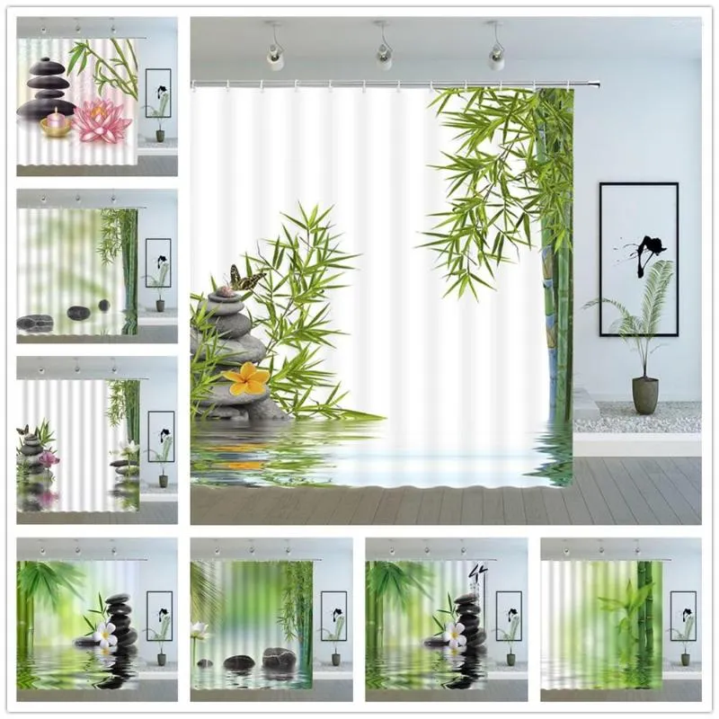 Cortinas de chuveiro Bambu verde Planta Fluster Butterfly Cenário de banheiro decoração de poliéster Casa de pano pendurado conjuntos de cortinas