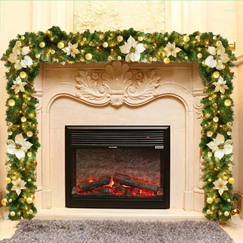 Fleurs décoratives 2,7 m décoration de Noël couronne de rotin avec lumière LED guirlande de Noël artificielle pour fête cheminée porte escalier décor à la maison