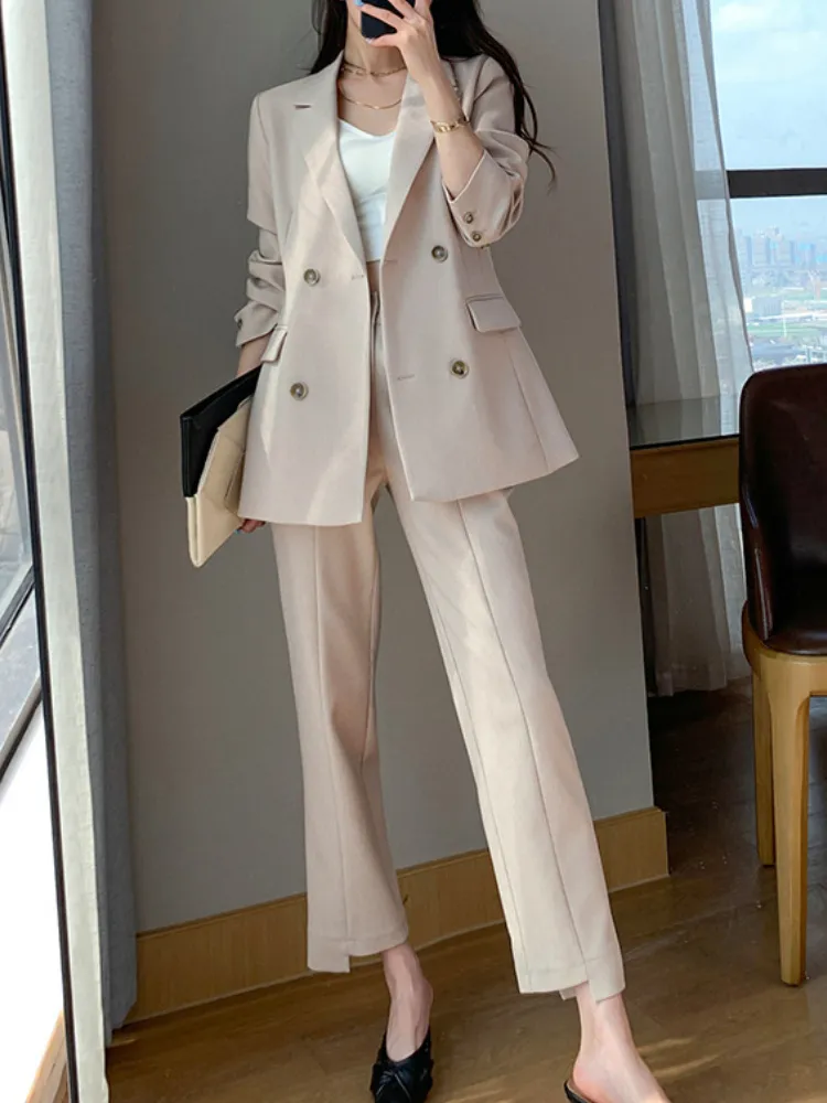 Ternos femininos Blazers Mulheres Moda coreana Elegante Business Troushers Suit Double Bastted Vintage Blazer Jacket Pontans Tear