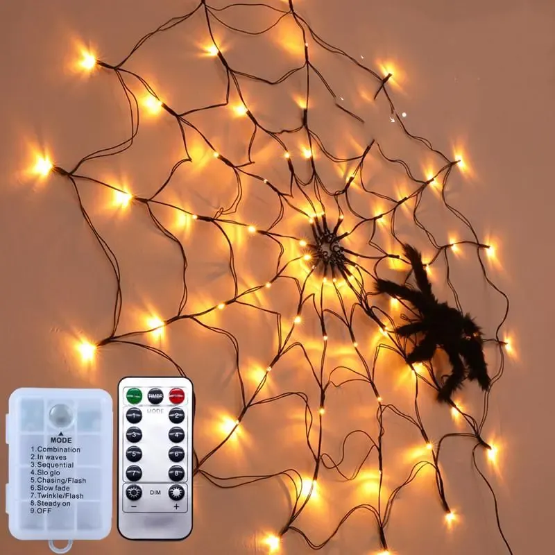 Halloween LED Spider Web String Light 5V Remote Control 8 L￤ges Net Mesh Atmosphere Lamp utomhus inomhuspartiedekor