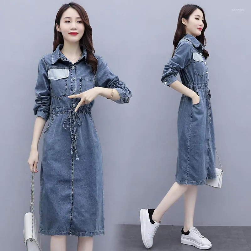 Vestidos casuais moda jeans jeans vestido mulher jeans vintage mangas compridas vestidos azuis