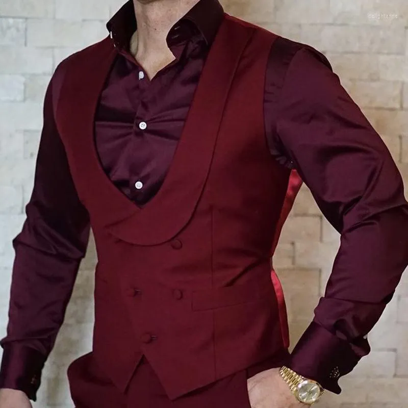 Erkek yelekleri bordo ince fit gündelik yelek çift göğüslü tek parça özel yelkenli düğün damat smokin erkek moda