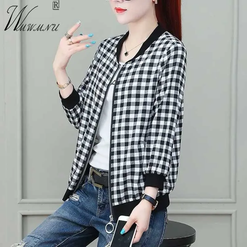 Vestes Femmes Casual Plaid Baseball Veste Femmes Vintage Mince Chaquetas Mujer 2022 Printemps Recadrée Vestes Nouveau Noir Blanc Cardigan À Fermeture Éclair T221008