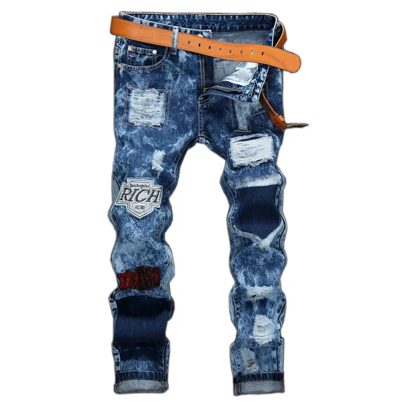 Men's Jeans High Street Mens Distressed Jeans Letter Embroidery Patchwork Fashion Ripped Denim Slim Fit Trousers Patches Badge Snow Wash 221008