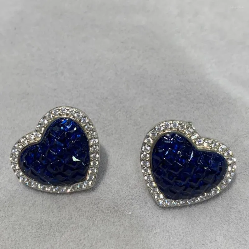 Stud Earrings Blue Color Cubic Zircon Heart Earring 925 Sterling Silver Cute Romantic Fine Women Jewelry