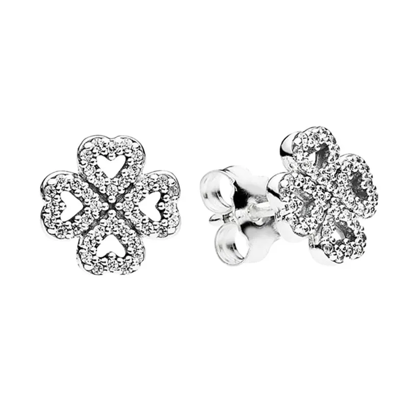 REAL 925 Sterling Silver Sparkling Clover Stud Earring Women Girls Wedding Designer Jewelry With Original Retail Box f￶r Pandora CZ Diamond Flowers ￶rh￤ngen