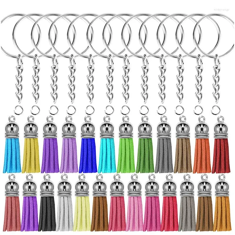 Keychains 150pc/set Keychain Tassels Split Key Chain Rings Set Fashion Leather Tassel Jump Pendant Keyring For DIY Jewelry Making