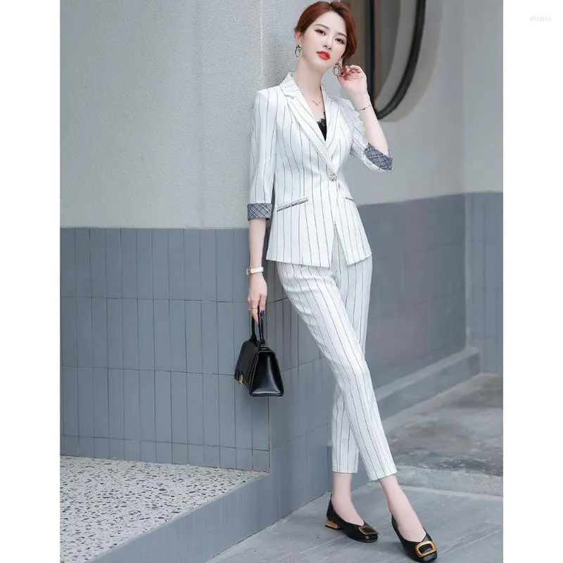 Women's Two Piece Pants Women Clothes 2 Set Business Striped Suits Woman Formal Fashion Slim Blazer And Office Ladies Work Wear