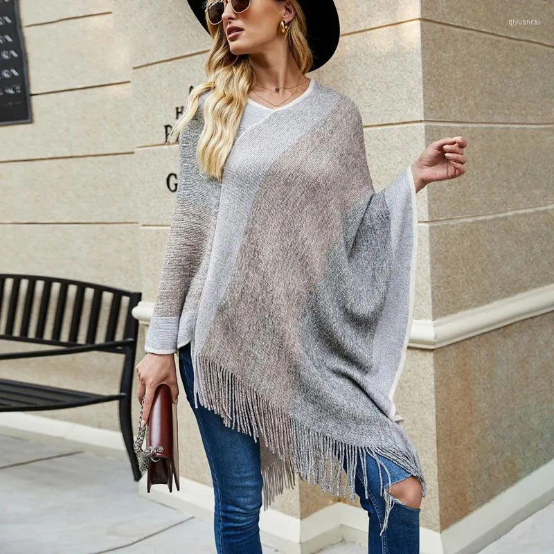 Kadın Sweaters 2022 Pubsel Poncho Kadınlar Çizgili Gevşek Örme Süveter Şal Kazak Ladies Kış Giysileri Pelerinler İçin