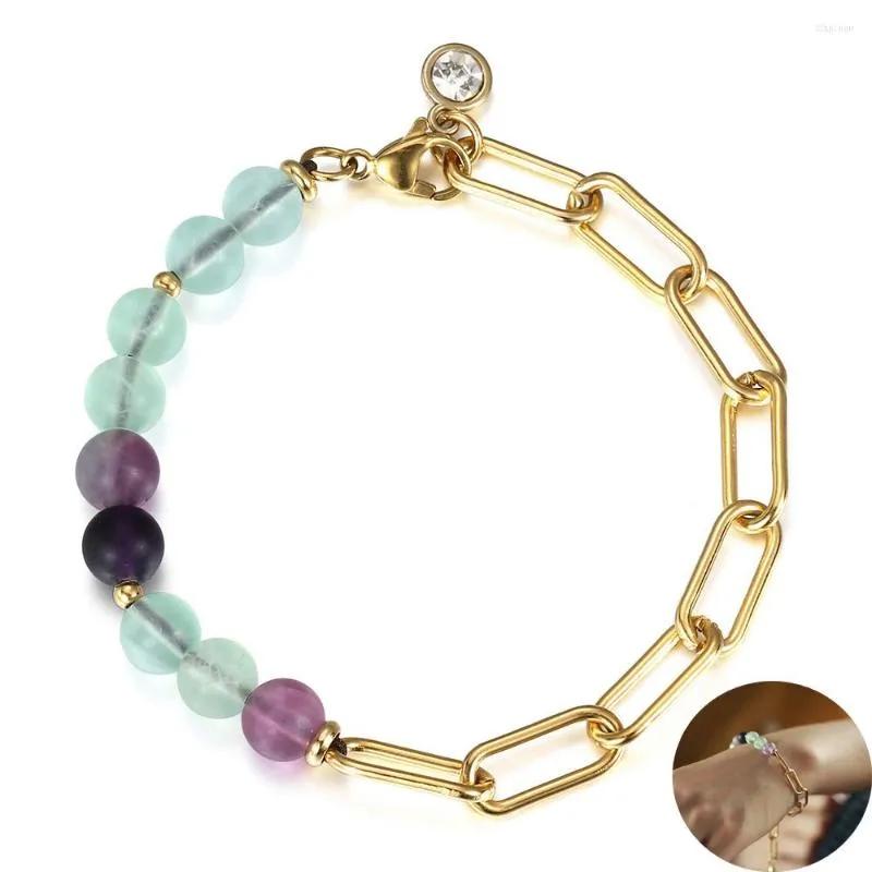 Braccialetti a maglie Bracciale con perline di fluorite smerigliato per donna Acciaio inossidabile Rolo Box Catena Birthstone Charm Gioielli da 8 pollici LDB295