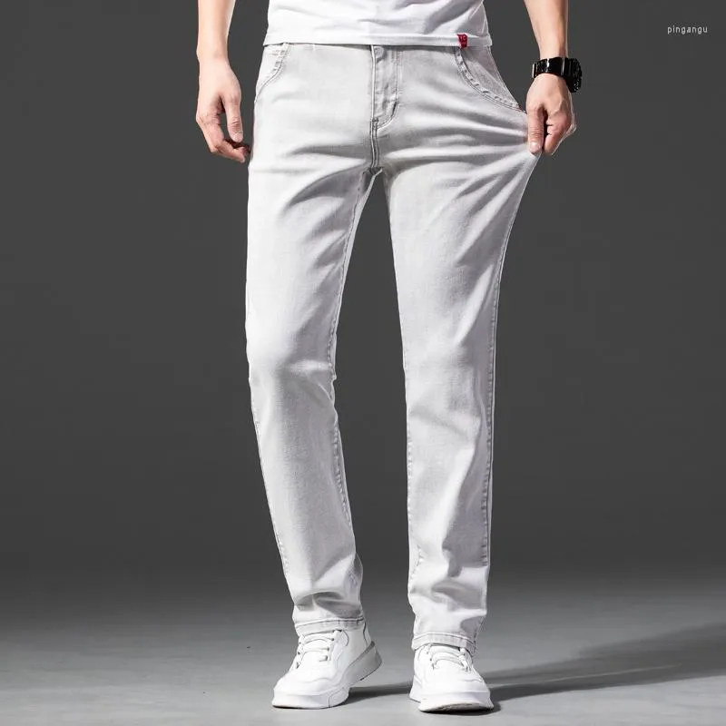 Мужские джинсы мужчины светло -серая прямая эластичность мода повседневная молодежная простота хлопок джинсовая брюки мужской бренд одежда