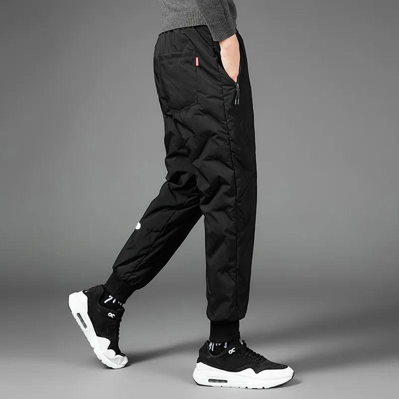 Homens para baixo jogging calça de yoga outfit 80% pato branco para baixo calças pretas manter quente moletom bolso calças longas S-4XL pluse tamanho