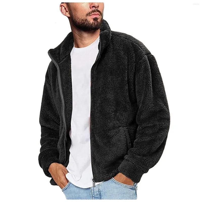 メンズジャケット高品質メンズファジーシェルパジャケットカジュアル冬暖かいフリースウールスタンドカラージップアップ Solid 生き抜くコート #40