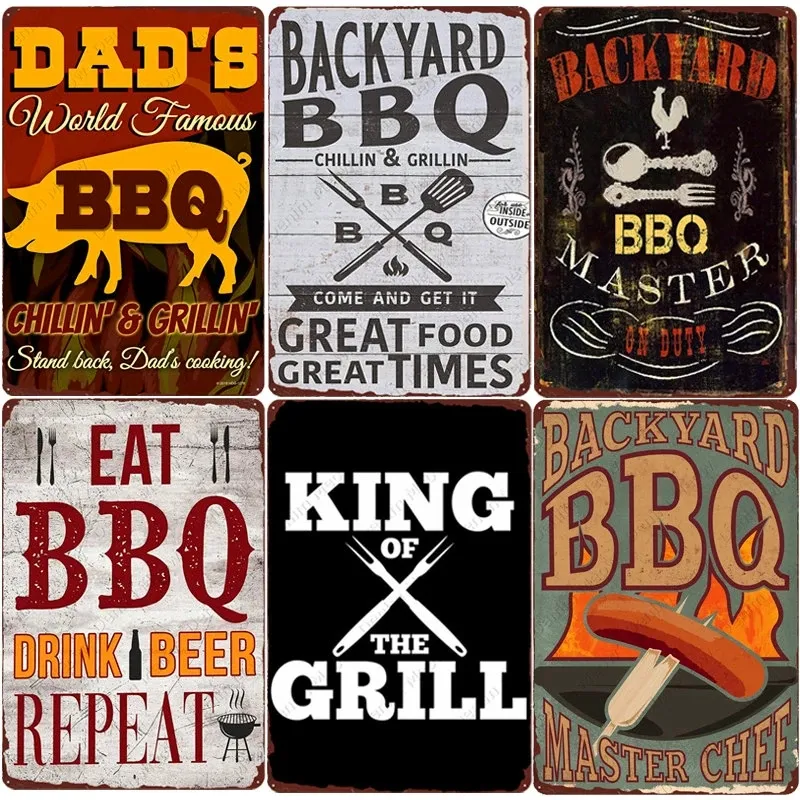 Funny Designed BBQ Metal Painting Vintage Grill King Dads BBQ Tin Signs Bar Pub Garden Wall Decor Wall Plate Kitchen room Retro Plaque wall art painting