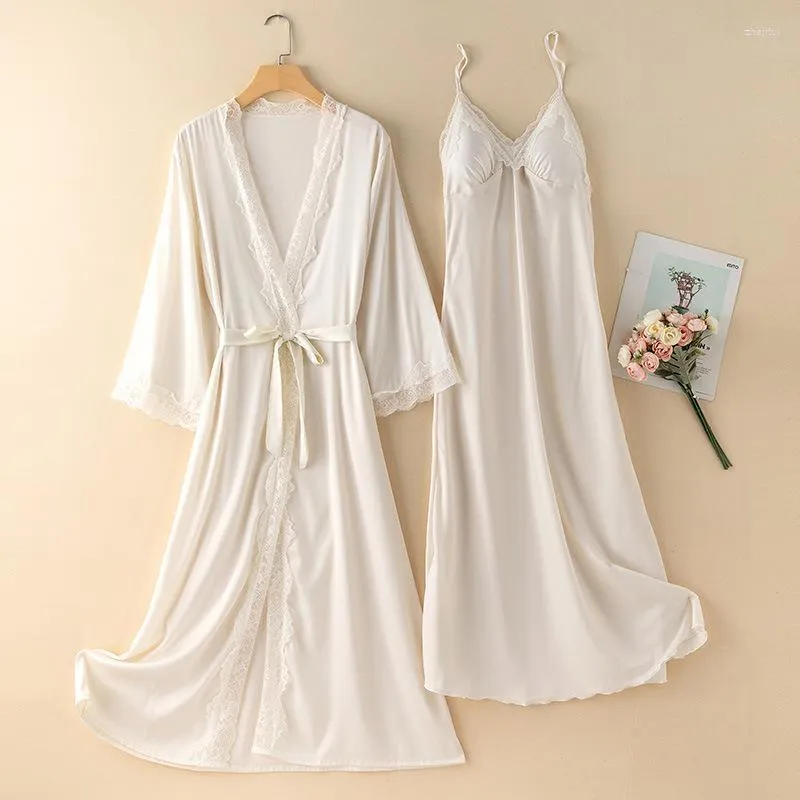 Women's Sleepwear Women's Spring Summer Satin Robe Sets Gown Sexy V-Neck Women Long Camisole Nightgown Lace Sweet Home Dress With Bra