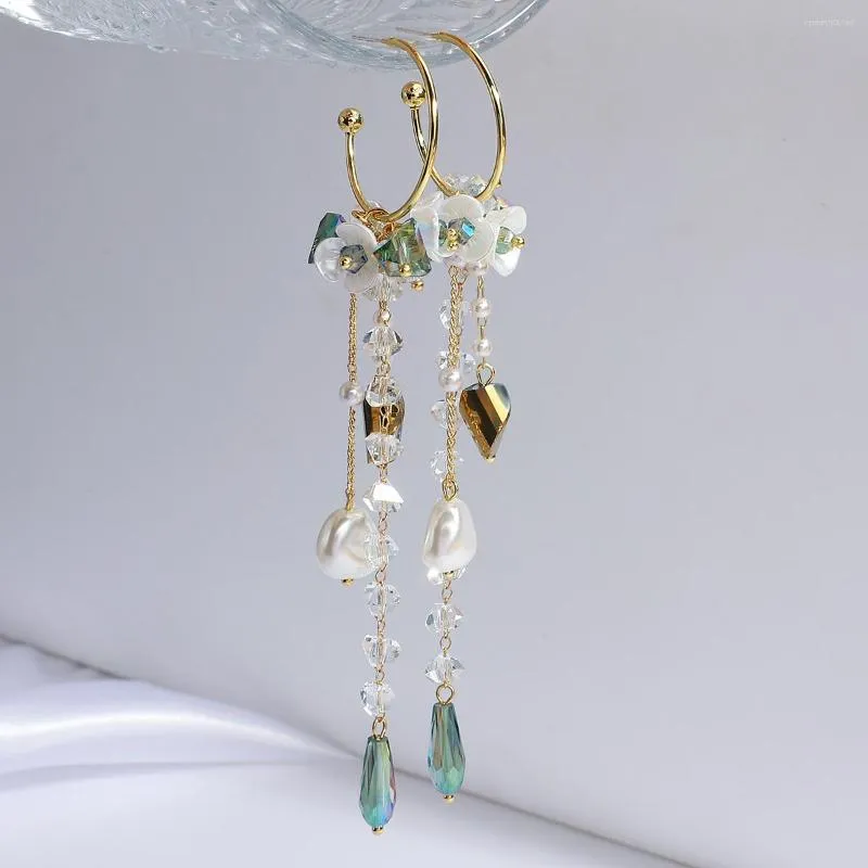 Boucles d'oreilles pendantes Lifefontier coréen élégant vert cristal perle longue gland pour les femmes fleur pétale goutte bijoux de fête de mariage