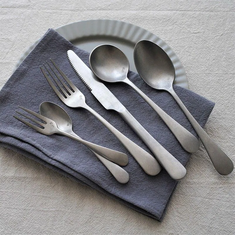 Flatware Sets Dinnerware Retro Brushed Stainless Steel Tableware Set Silver Cutlery Wedding Forks Knives Spoons Restaurant El Kitchen