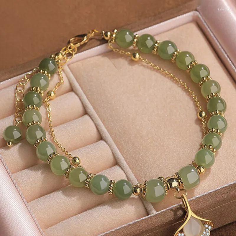 Bracelets de charme Minar inhabituel couleur verte opale perlée pour les femmes doubles couches Spark CZ Zircon feuilles perles Bracelet bijoux