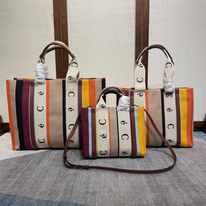 Canvas Rainbow Totes Women Shoulder Bags Handväska Purses Patchwork Practical stor kapacitet Handväskor Purse borttagbar rem Crossbody Casual fyrkantig plånbok