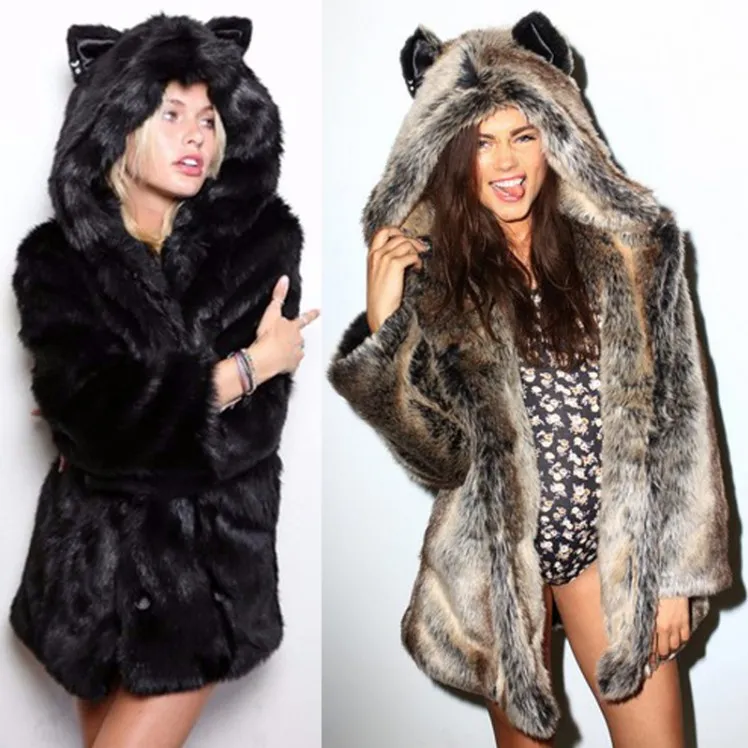 Mulheres Casaco Presente de Ação de Graças Inverno Faux Fox Fur Outdoor Aquecimento de lazer de moda Fashion Shot Tiro de manga comprida Impressão de leopardo Casacos multicolorosos Jaqueta com capuz Size S-3xl