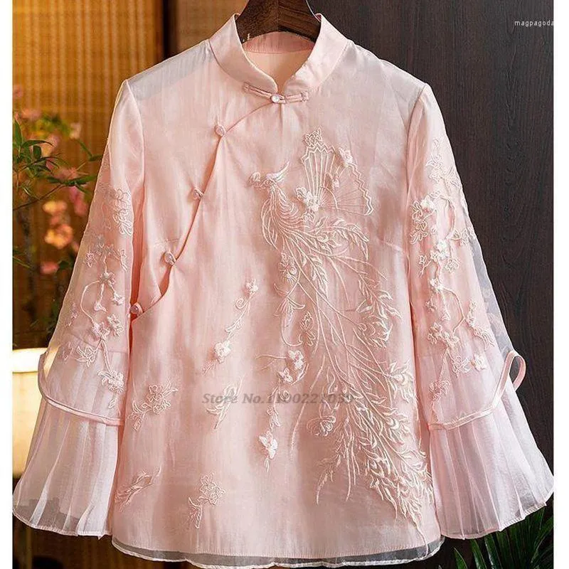 エスニック服2022伝統的な中国のシフォンブラウス女性オリエンタルQIPAOトップタンスーツフラワー刺繍Cheongsam Hanfu