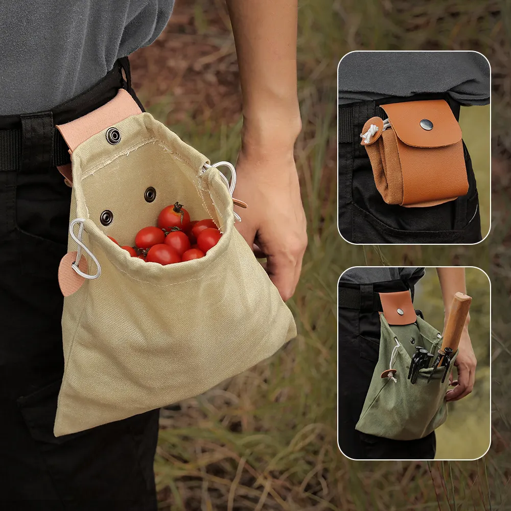 Sac de recherche de nourriture Portable en plein air, pochette de cueillette de fruits pliable, stockage de baies, sac en toile de brousse en cuir, randonnée Camping 1 pièce