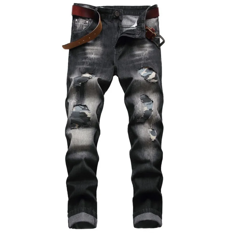 Jeans masculinos retos jeans ripped jeans Men Vintage Clothing Hiphop Streetwear angustiado Camouflage Patch Casual Jeans Fashion calças 221008