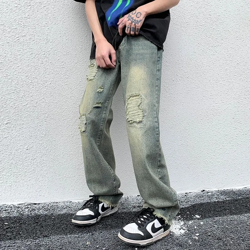 Herr jeans bl￥ gr￶n rippad vintage mans oroliga jeans streetwear h￥l hip hop jean pants sommar mode rak denim byxor 221008