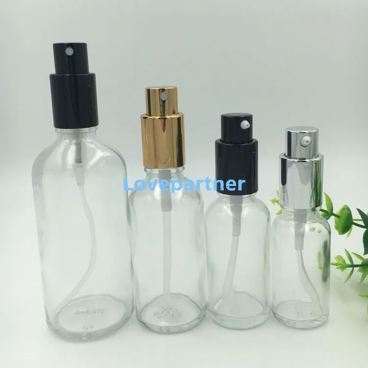 Garrafa de perfume de vidro transparente com atomizador de pulverizador de névoa de prata preta dourada para fragrância