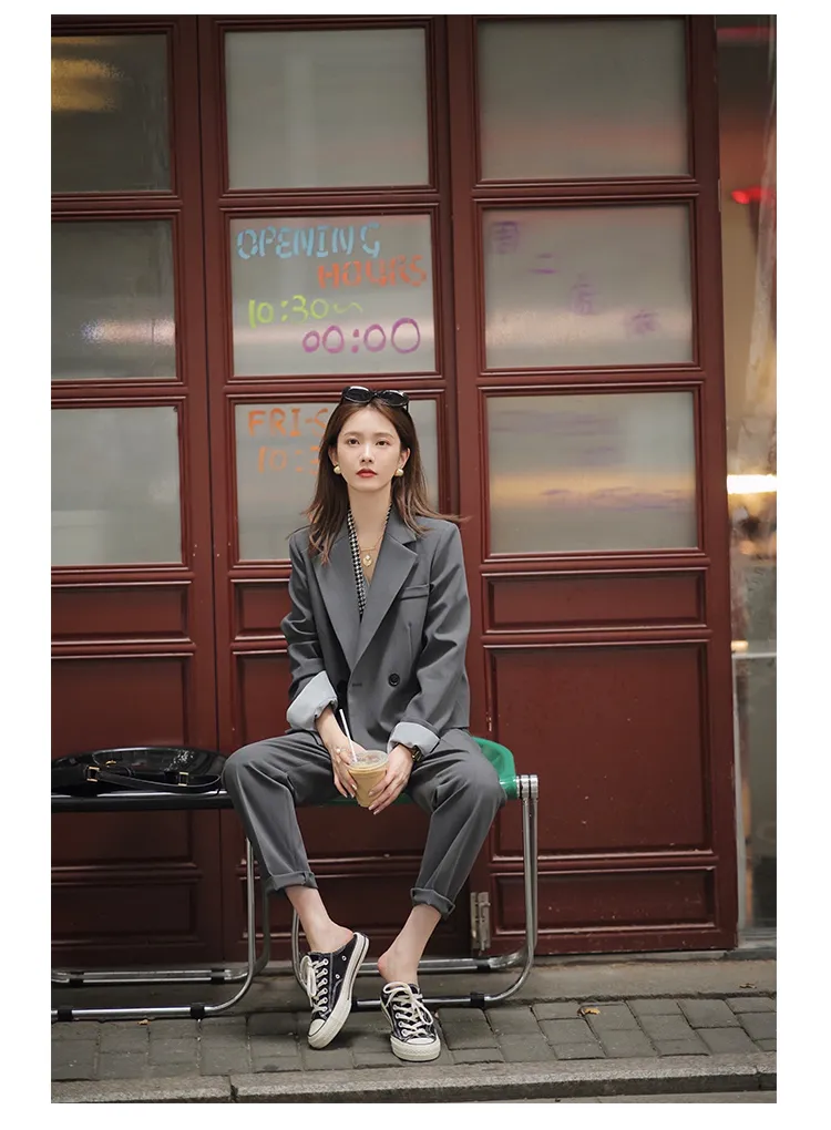 Coton Doux Confortable Bureau Tailleur Femme 2pcs - Elegant - Slim Fit - Bureau Travail - Rose Rose - Prêt-à-Porter Ensemble Tailleur Classique