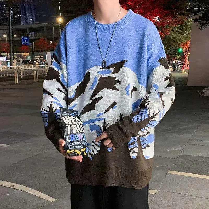 Men's Sweaters Oversized Men's Sweater Snow Mountain Printed Fashion Pullovers Autumn Preppy Style Streetwear Clothing Knit Casual Male