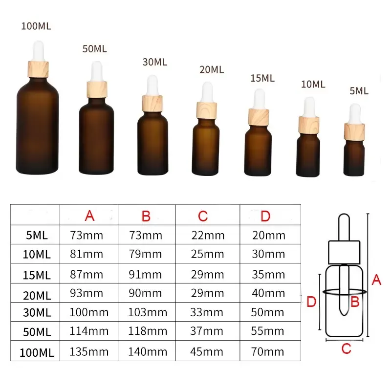 Frosted Amber Glass Dropper Bottles Essential Oil Bottle With Woodgrain Eyedropper Lids Perfume Sample Vials Essence Liquid Cosmetic Containers