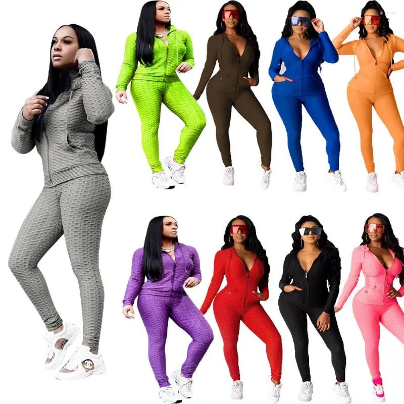 Tweedelige broek voor dames Zaggin 2022 Autumn Fashion Perlage Solid 9-colours Sets 2-stuks Volle mouw Hapel Hapel Casual Sports Suit Bodycon Long