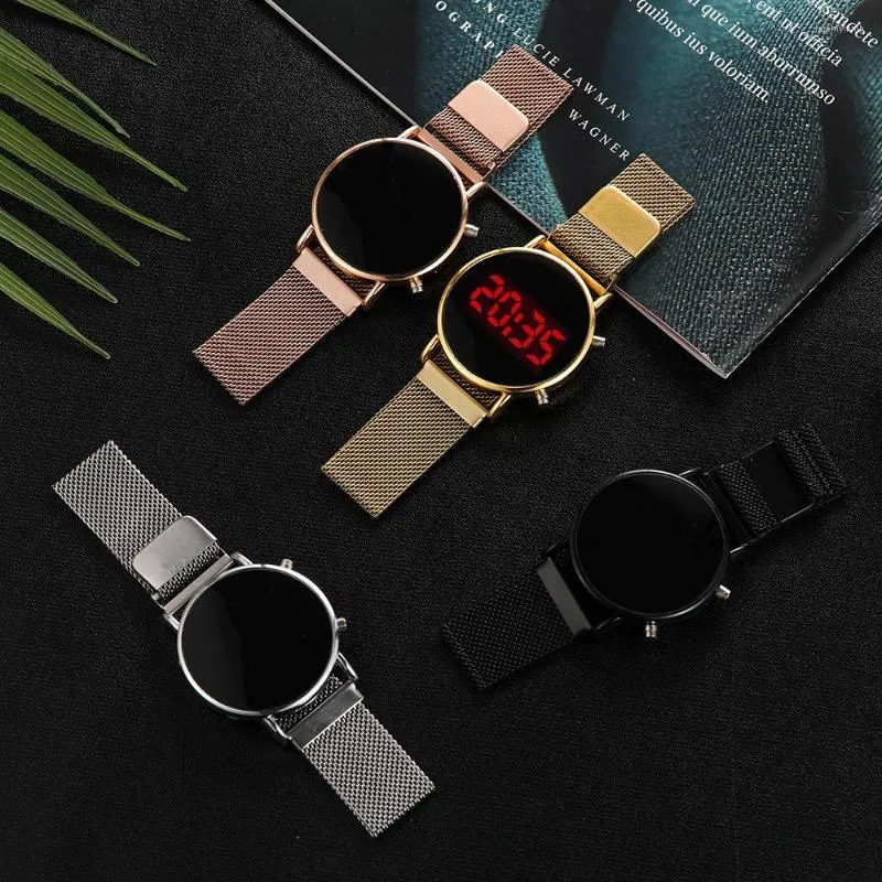 Polshorloges luxe rosé goud digitale rode led -wijzerplaat horloges voor vrouwen roestvrijstalen riem kwarts horloge dames magneet klokdruppel schip